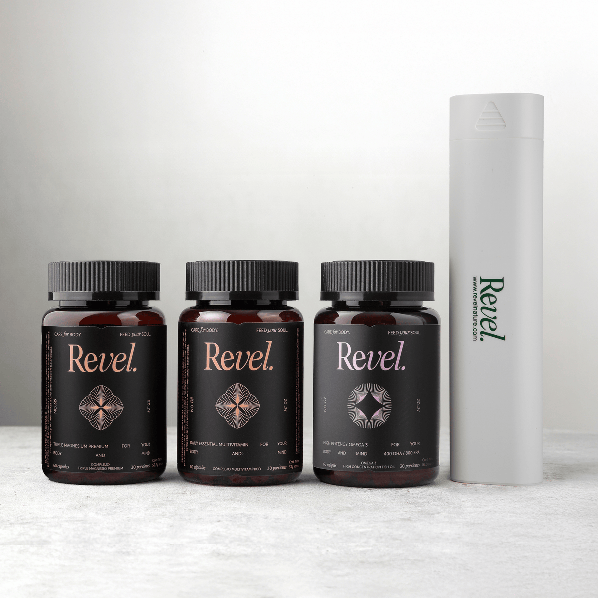 Pack Bienestar Total (Triple Magnesio Premium + Omega3 High Pottency + Multivitamínico + Pastillero Revel)